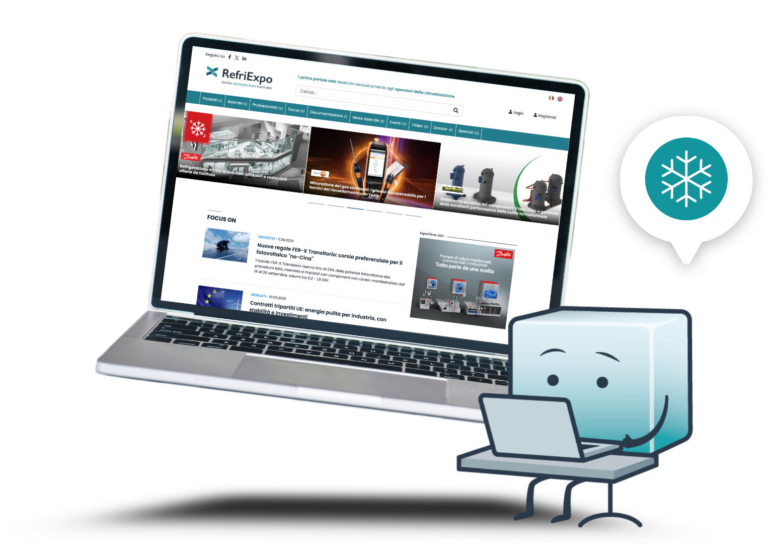 Laptop con il portale Refriexpo e mascotte a cubetto di ghiaccio, simbolo della refrigerazione