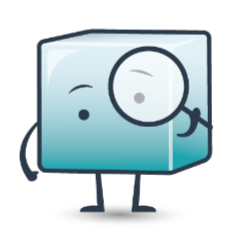 Cubo azzurro stilizzato con gambe e braccia, che tiene una lente di ingrandimento